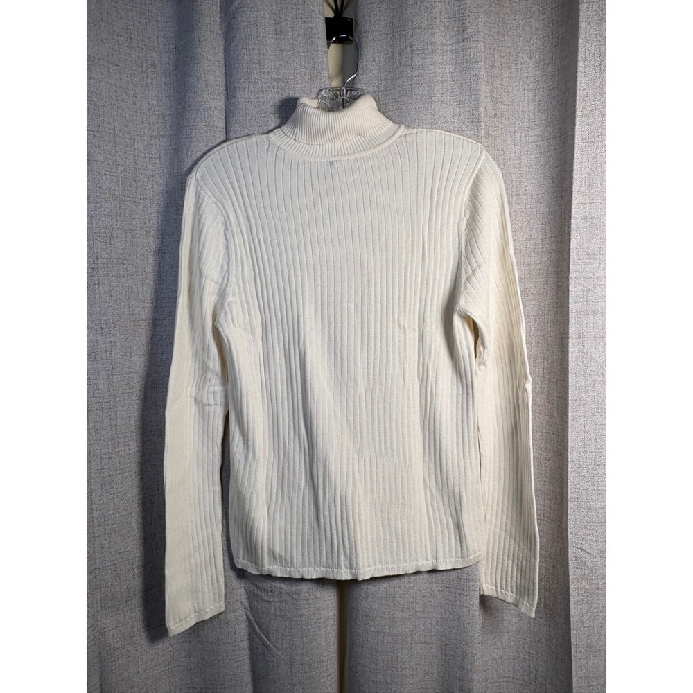 Talbots Womens Cream Pima Cotton Ribbed Turtleneck Sweater Large Long Sleeve